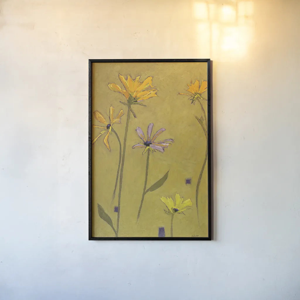 Rudbeckia Float by Shirley Novak. shown as a paper print in a black flame. Available as a archival giclee rolled canvas, fine art paper, or poster print. SKU 98500h.