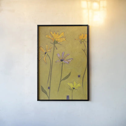 Rudbeckia Float by Shirley Novak. shown as a paper print in a black flame. Available as a archival giclee rolled canvas, fine art paper, or poster print. SKU 98500h.