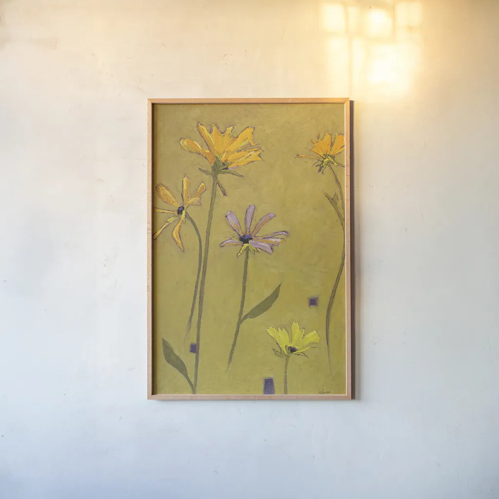 Rudbeckia Float by Shirley Novak. shown as a paper print in a natural frame. Available as a archival giclee rolled canvas, fine art paper, or poster print. SKU 98500h.