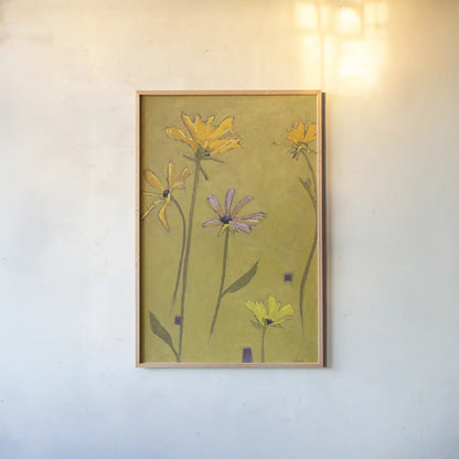 Rudbeckia Float by Shirley Novak. shown as a paper print in a natural frame. Available as a archival giclee rolled canvas, fine art paper, or poster print. SKU 98500h.