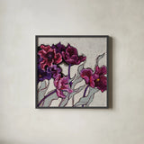 Ruffled Tulips by Shirley Novak. Shown in a sleek black glass frame for a contemporary gallery look. Available as an archival giclee rolled canvas, fine art paper, or poster print. SKU 22150a.