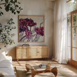 Ruffled Tulips by Shirley Novak. Shown in a natural wood frame in a cozy modern living room. Available as an archival giclee rolled canvas, fine art paper, or poster print. SKU 22150a.