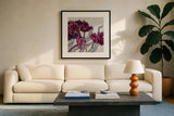 Ruffled Tulips by Shirley Novak. Displayed in a glass frame with matte in a clean modern living room. Available as an archival giclee rolled canvas, fine art paper, or poster print. SKU 22150a.