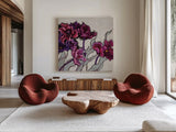 Ruffled Tulips by Shirley Novak. Shown as extra-large giant wall art in a modern living room. Available as an archival giclee rolled canvas, fine art paper, or poster print. SKU 22150a.