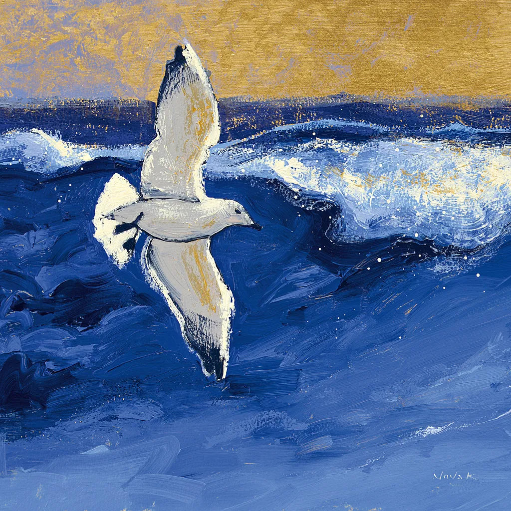 Seagulls with Gold Sky II by Shirley Novak. SKU 25257a. Archival Giclee Fine art print for wall decor.