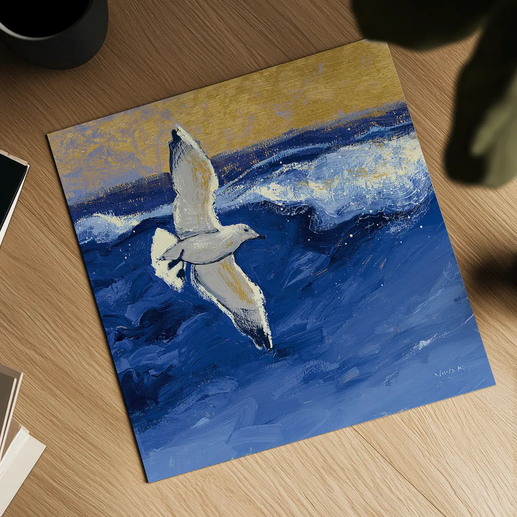 Seagulls with Gold Sky II by Shirley Novak. Shown as a detailed flat fine art print, highlighting archival giclee quality. Available as an archival giclee rolled canvas, fine art paper, or poster print. SKU 25257a.