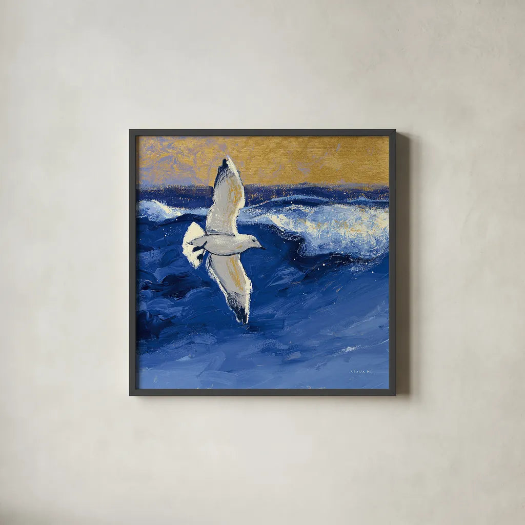 Seagulls with Gold Sky II by Shirley Novak. Shown in a sleek black glass frame for a contemporary gallery look. Available as an archival giclee rolled canvas, fine art paper, or poster print. SKU 25257a.