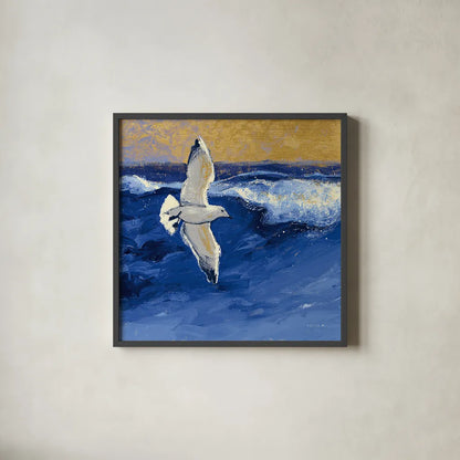 Seagulls with Gold Sky II by Shirley Novak. Shown in a sleek black glass frame for a contemporary gallery look. Available as an archival giclee rolled canvas, fine art paper, or poster print. SKU 25257a.