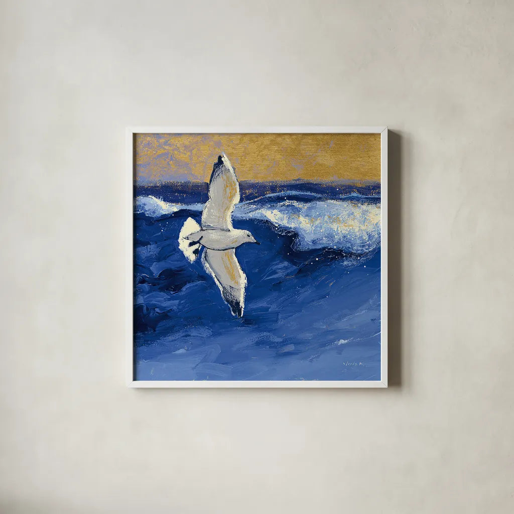 Seagulls with Gold Sky II by Shirley Novak. Shown in a crisp white glass frame for a clean and minimalist style. Available as an archival giclee rolled canvas, fine art paper, or poster print. SKU 25257a.