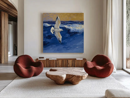 Seagulls with Gold Sky II by Shirley Novak. Shown as extra-large giant wall art in a modern living room. Available as an archival giclee rolled canvas, fine art paper, or poster print. SKU 25257a.