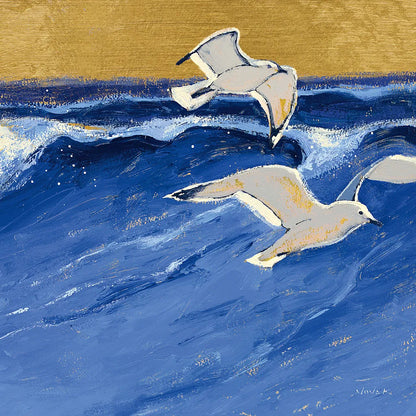 Seagulls with Gold Sky III by Shirley Novak. SKU 25258a. Archival Giclee Fine art print for wall decor.