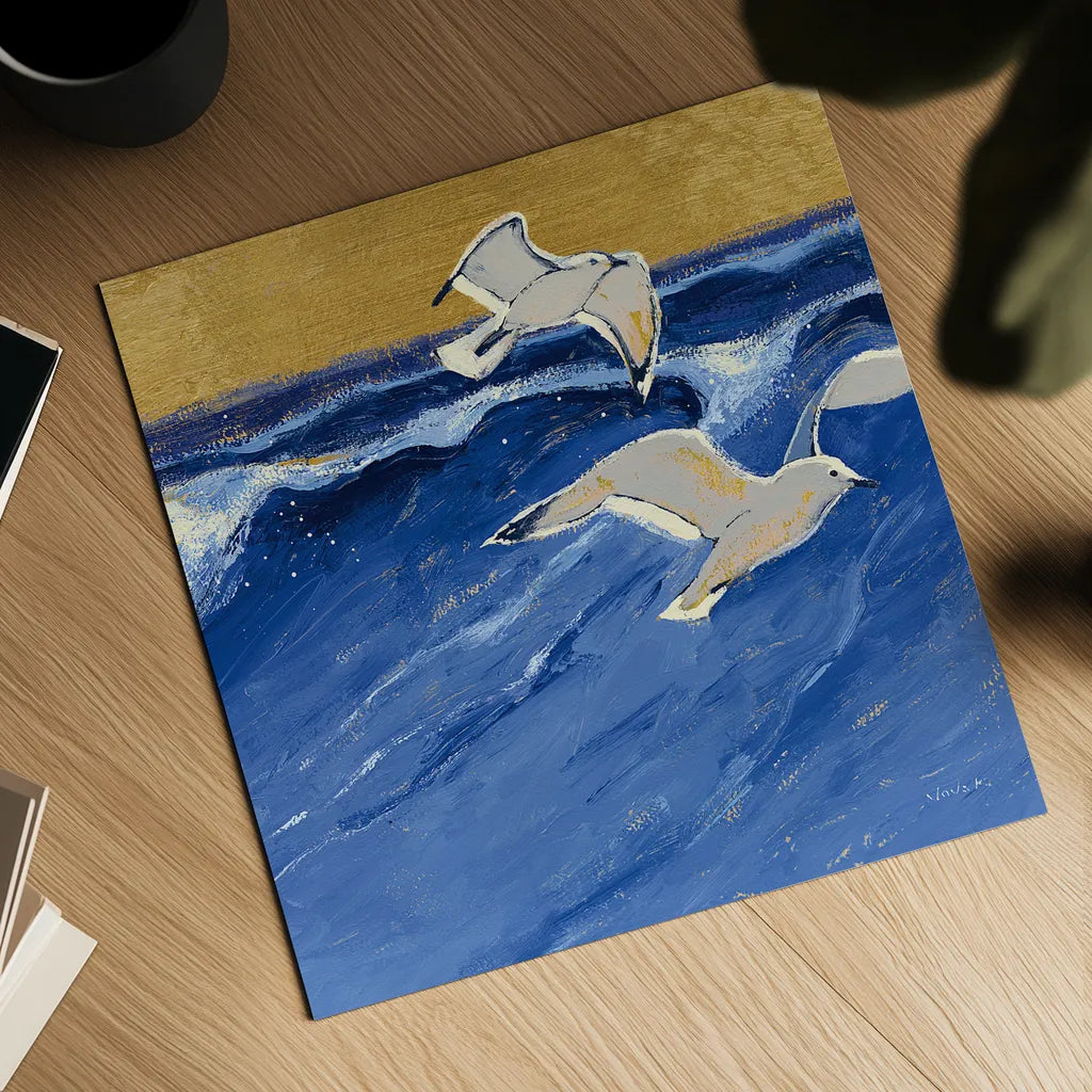 Seagulls with Gold Sky III by Shirley Novak. Shown as a detailed flat fine art print, highlighting archival giclee quality. Available as an archival giclee rolled canvas, fine art paper, or poster print. SKU 25258a.