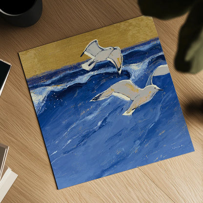 Seagulls with Gold Sky III by Shirley Novak. Shown as a detailed flat fine art print, highlighting archival giclee quality. Available as an archival giclee rolled canvas, fine art paper, or poster print. SKU 25258a.