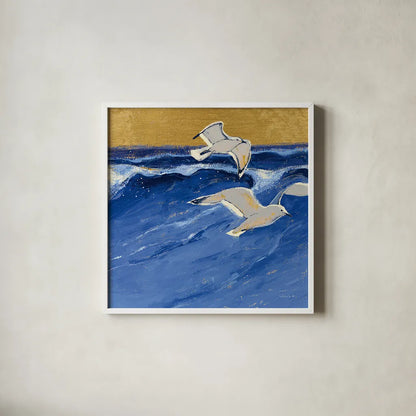 Seagulls with Gold Sky III by Shirley Novak. Shown in a crisp white glass frame for a clean and minimalist style. Available as an archival giclee rolled canvas, fine art paper, or poster print. SKU 25258a.
