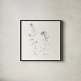 Shepherds Purse Stems II Blue by Shirley Novak. Shown in a sleek black glass frame for a contemporary gallery look. Available as an archival giclee rolled canvas, fine art paper, or poster print. SKU 71152a.