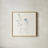 Shepherds Purse Stems II Blue by Shirley Novak. Shown in a natural wood glass frame for a timeless modern aesthetic. Available as an archival giclee rolled canvas, fine art paper, or poster print. SKU 71152a.