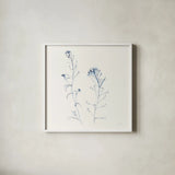 Shepherds Purse Stems II Blue by Shirley Novak. Shown in a crisp white glass frame for a clean and minimalist style. Available as an archival giclee rolled canvas, fine art paper, or poster print. SKU 71152a.
