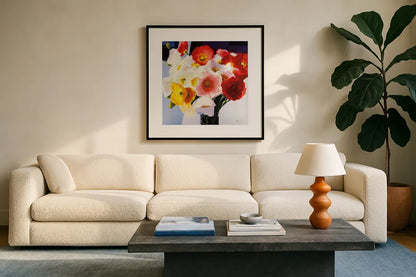 Shining by Shirley Novak. Displayed in a glass frame with matte in a clean modern living room. Available as an archival giclee rolled canvas, fine art paper, or poster print. SKU 90694a.