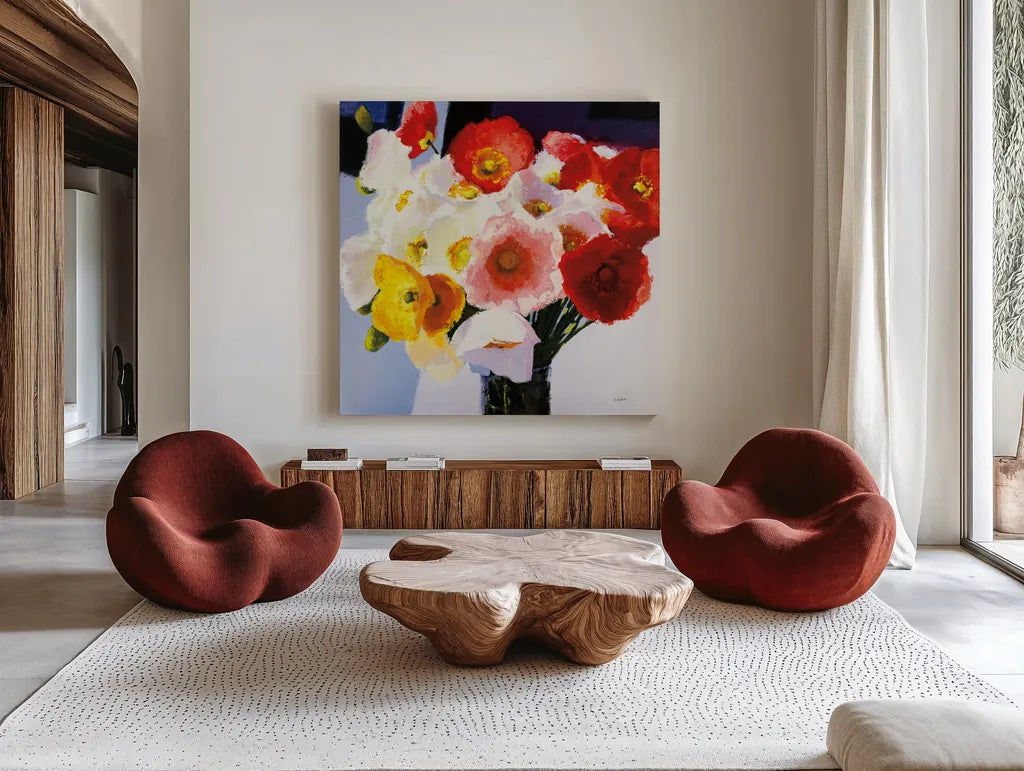 Shining by Shirley Novak. Shown as extra-large giant wall art in a modern living room. Available as an archival giclee rolled canvas, fine art paper, or poster print. SKU 90694a.