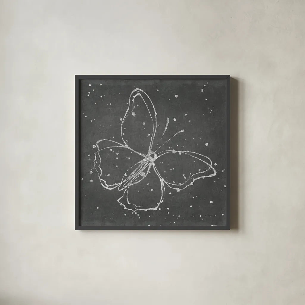 Silver Wings I by Shirley Novak. Shown in a sleek black glass frame for a contemporary gallery look. Available as an archival giclee rolled canvas, fine art paper, or poster print. SKU 73123a.