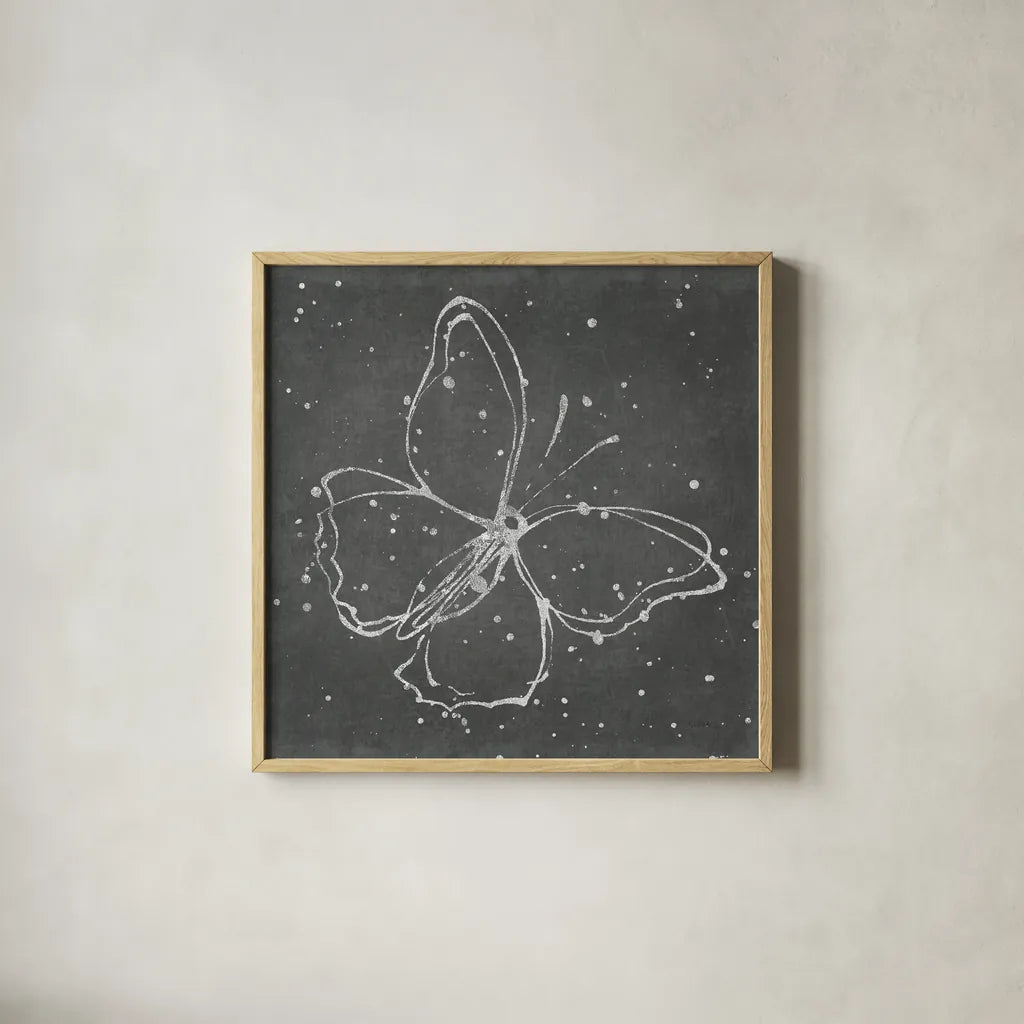 Silver Wings I by Shirley Novak. Shown in a natural wood glass frame for a timeless modern aesthetic. Available as an archival giclee rolled canvas, fine art paper, or poster print. SKU 73123a.