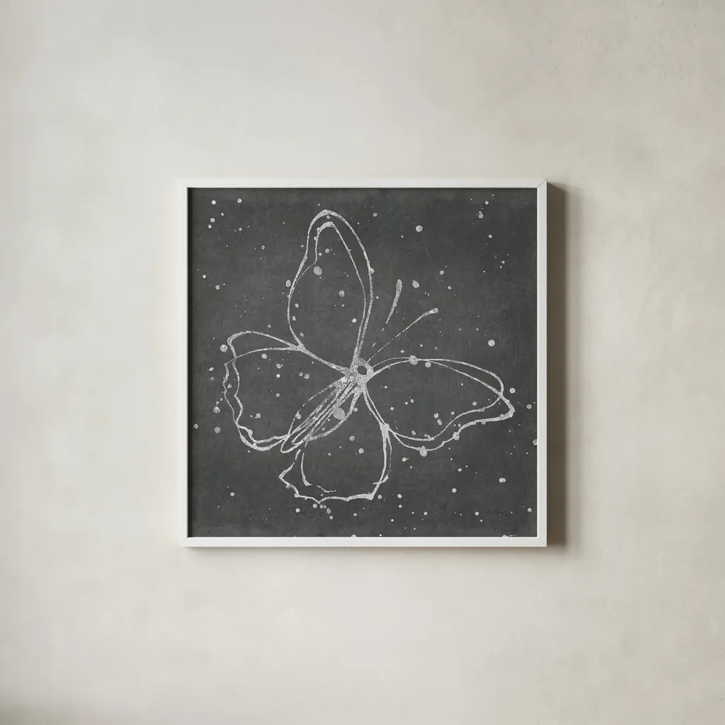 Silver Wings I by Shirley Novak. Shown in a crisp white glass frame for a clean and minimalist style. Available as an archival giclee rolled canvas, fine art paper, or poster print. SKU 73123a.