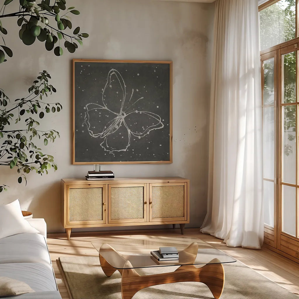Silver Wings I by Shirley Novak. Shown in a natural wood frame in a cozy modern living room. Available as an archival giclee rolled canvas, fine art paper, or poster print. SKU 73123a.