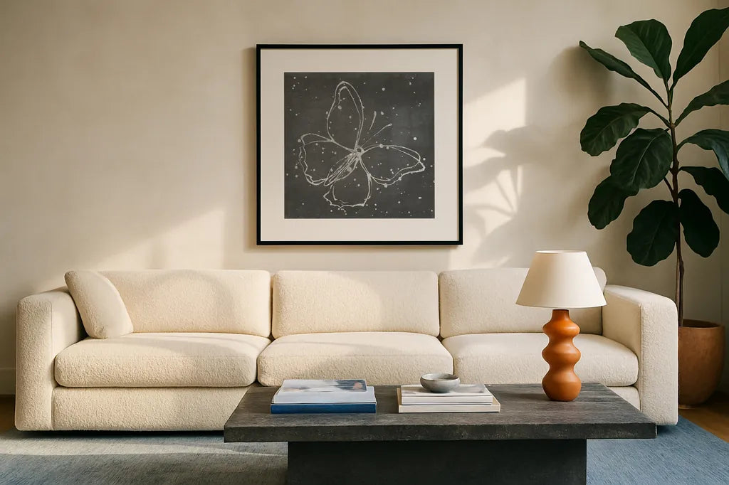 Silver Wings I by Shirley Novak. Displayed in a glass frame with matte in a clean modern living room. Available as an archival giclee rolled canvas, fine art paper, or poster print. SKU 73123a.