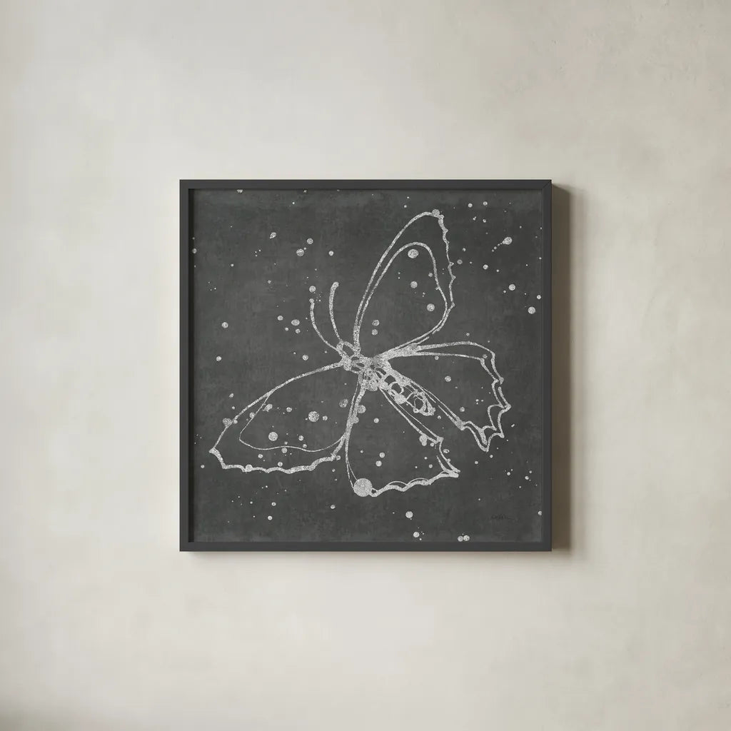 Silver Wings II by Shirley Novak. Shown in a sleek black glass frame for a contemporary gallery look. Available as an archival giclee rolled canvas, fine art paper, or poster print. SKU 73124a.