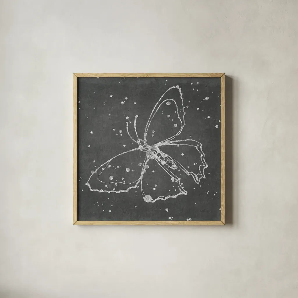 Silver Wings II by Shirley Novak. Shown in a natural wood glass frame for a timeless modern aesthetic. Available as an archival giclee rolled canvas, fine art paper, or poster print. SKU 73124a.