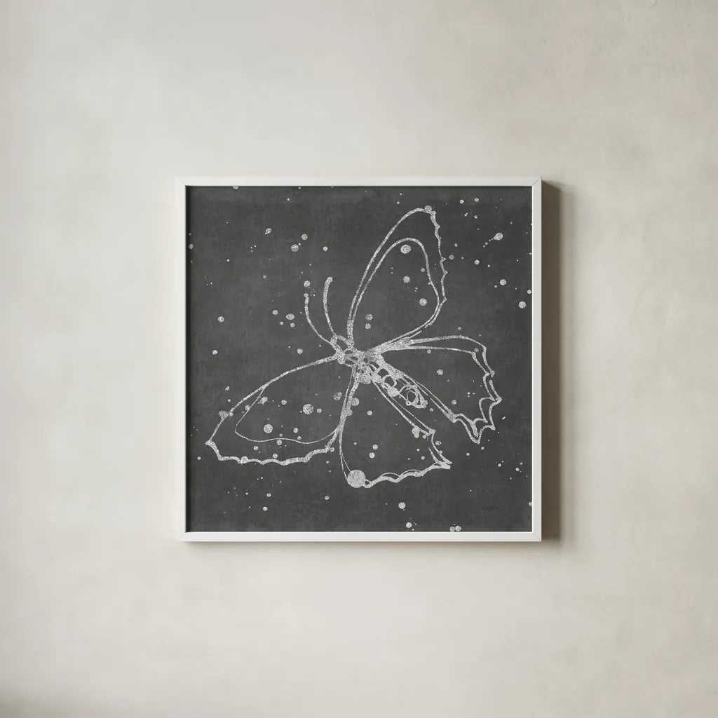 Silver Wings II by Shirley Novak. Shown in a crisp white glass frame for a clean and minimalist style. Available as an archival giclee rolled canvas, fine art paper, or poster print. SKU 73124a.