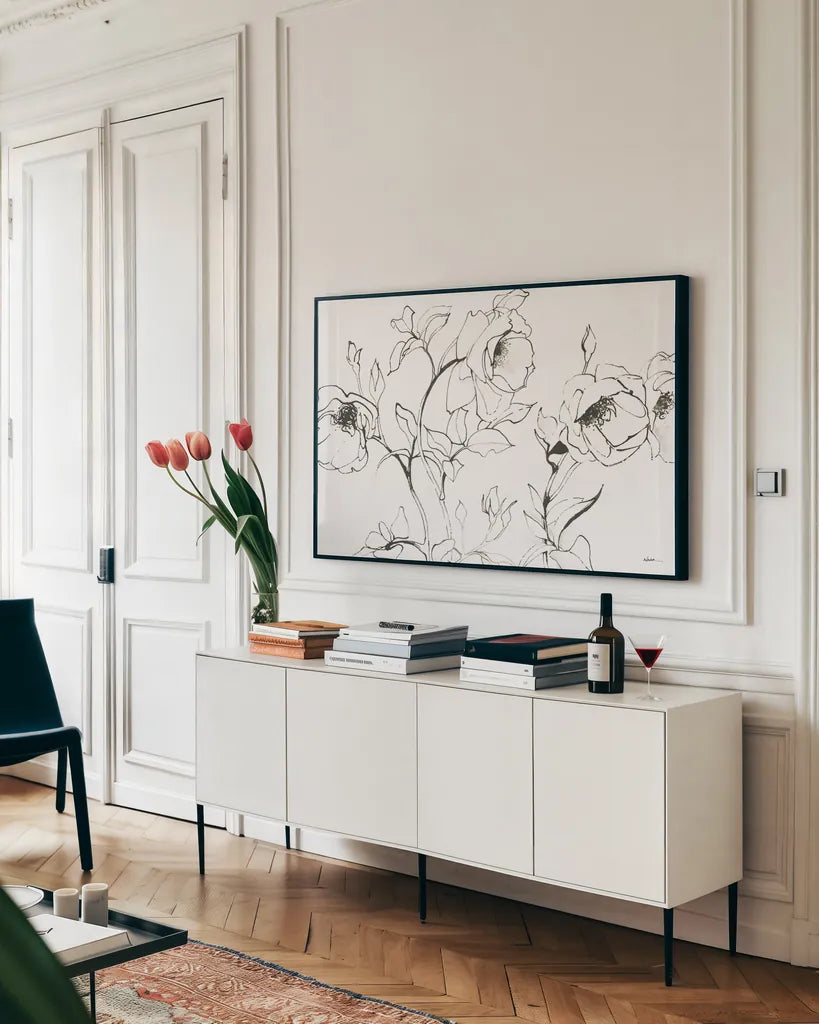 Sketch of Roses by Shirley Novak. shown as a framed stretched canvas in a living room above a console. Available as a archival giclee rolled canvas, fine art paper, or poster print. SKU 80689i.