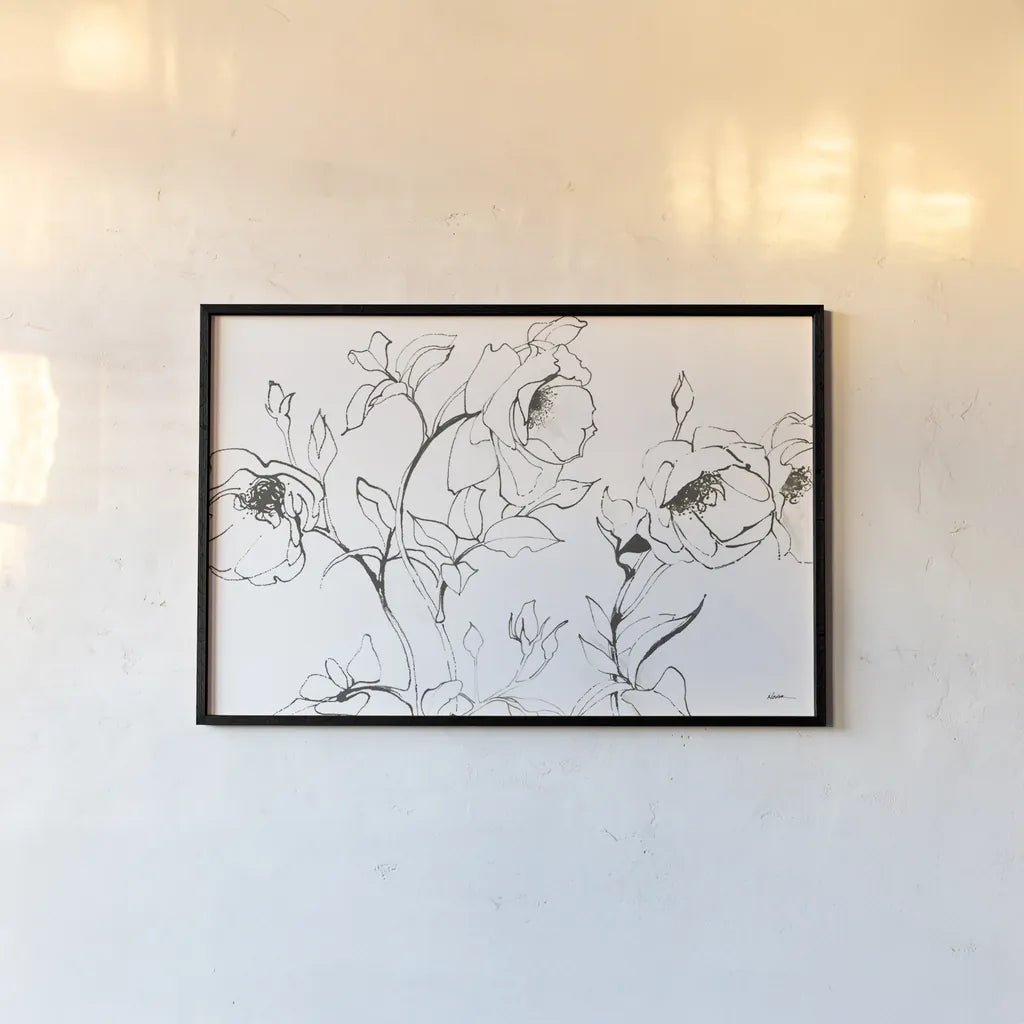 Sketch of Roses by Shirley Novak. shown as a paper print in a black flame. Available as a archival giclee rolled canvas, fine art paper, or poster print. SKU 80689i.