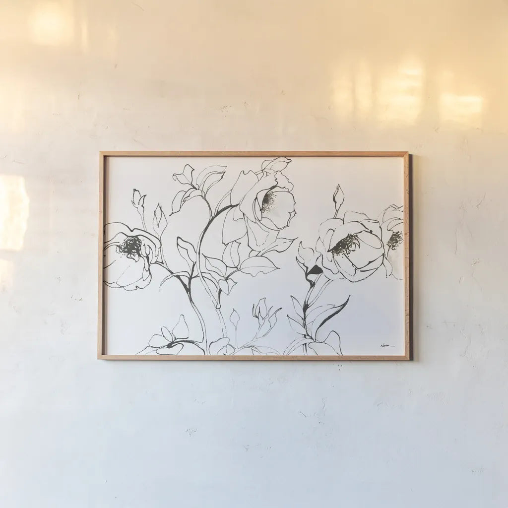 Sketch of Roses by Shirley Novak. shown as a paper print in a natural frame. Available as a archival giclee rolled canvas, fine art paper, or poster print. SKU 80689i.
