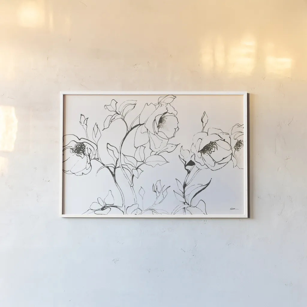 Sketch of Roses by Shirley Novak. shown as a paper print in a white frame. Available as a archival giclee rolled canvas, fine art paper, or poster print. SKU 80689i.