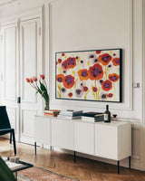Splash Garden I by Shirley Novak. shown as a framed stretched canvas in a living room above a console. Available as a archival giclee rolled canvas, fine art paper, or poster print. SKU 29149i.