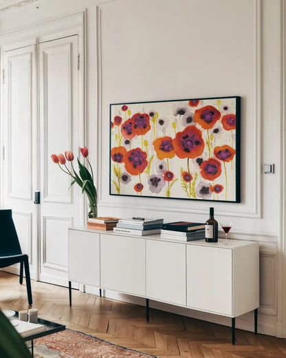 Splash Garden I by Shirley Novak. shown as a framed stretched canvas in a living room above a console. Available as a archival giclee rolled canvas, fine art paper, or poster print. SKU 29149i.