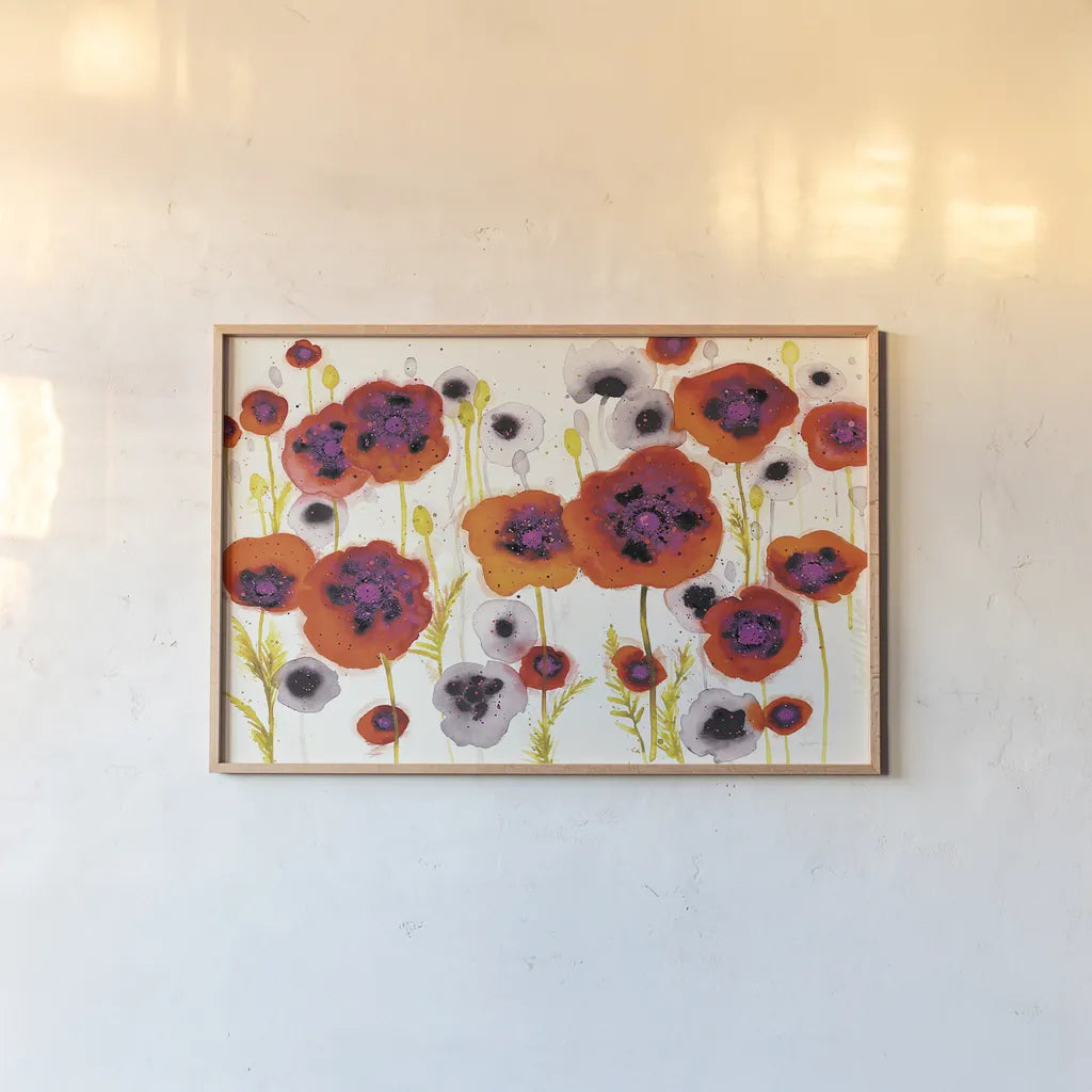 Splash Garden I by Shirley Novak. shown as a paper print in a natural frame. Available as a archival giclee rolled canvas, fine art paper, or poster print. SKU 29149i.