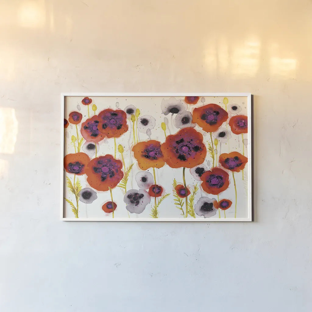 Splash Garden I by Shirley Novak. shown as a paper print in a white frame. Available as a archival giclee rolled canvas, fine art paper, or poster print. SKU 29149i.