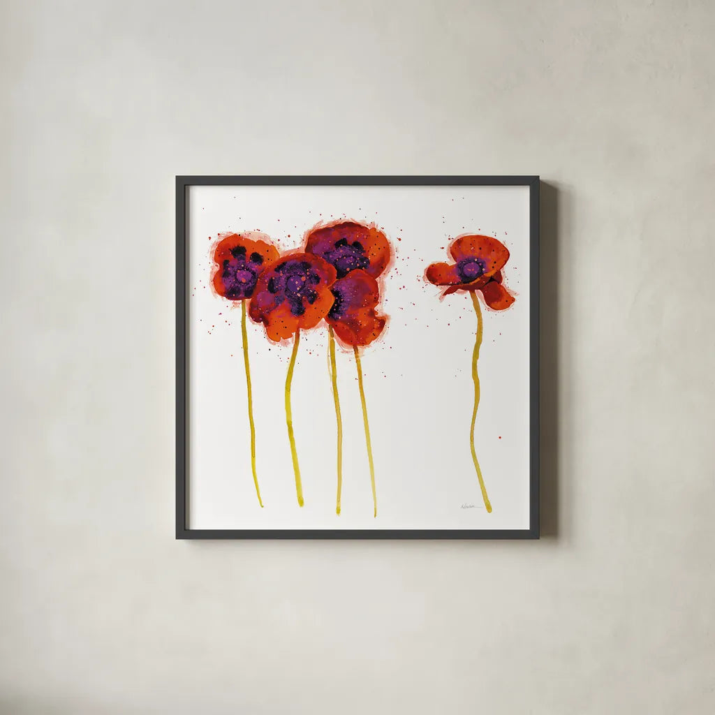 Splash Garden II on White by Shirley Novak. Shown in a sleek black glass frame for a contemporary gallery look. Available as an archival giclee rolled canvas, fine art paper, or poster print. SKU 29736a.