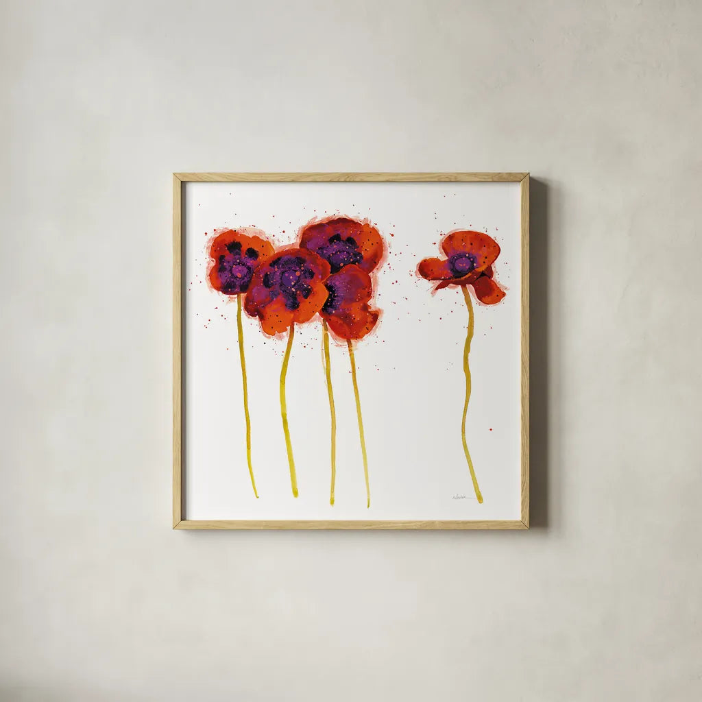 Splash Garden II on White by Shirley Novak. Shown in a natural wood glass frame for a timeless modern aesthetic. Available as an archival giclee rolled canvas, fine art paper, or poster print. SKU 29736a.