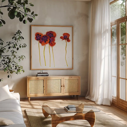 Splash Garden II on White by Shirley Novak. Shown in a natural wood frame in a cozy modern living room. Available as an archival giclee rolled canvas, fine art paper, or poster print. SKU 29736a.