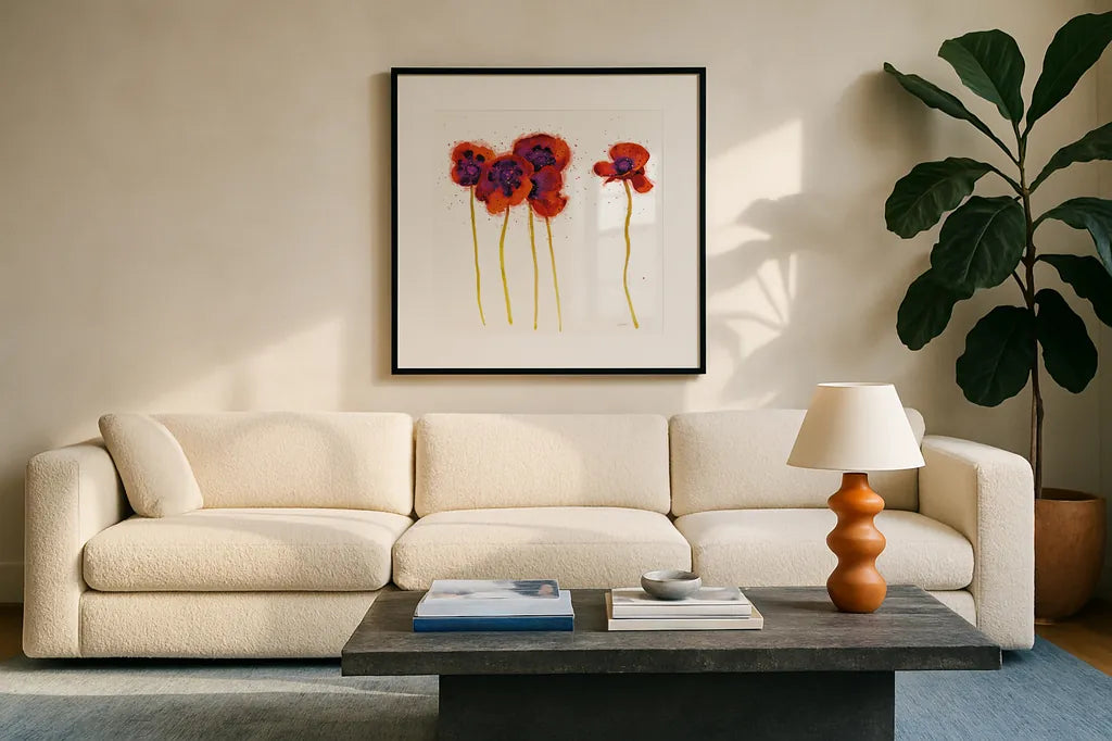 Splash Garden II on White by Shirley Novak. Displayed in a glass frame with matte in a clean modern living room. Available as an archival giclee rolled canvas, fine art paper, or poster print. SKU 29736a.