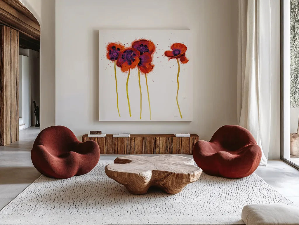 Splash Garden II on White by Shirley Novak. Shown as extra-large giant wall art in a modern living room. Available as an archival giclee rolled canvas, fine art paper, or poster print. SKU 29736a.