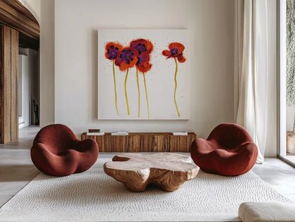Splash Garden II on White by Shirley Novak. Shown as extra-large giant wall art in a modern living room. Available as an archival giclee rolled canvas, fine art paper, or poster print. SKU 29736a.