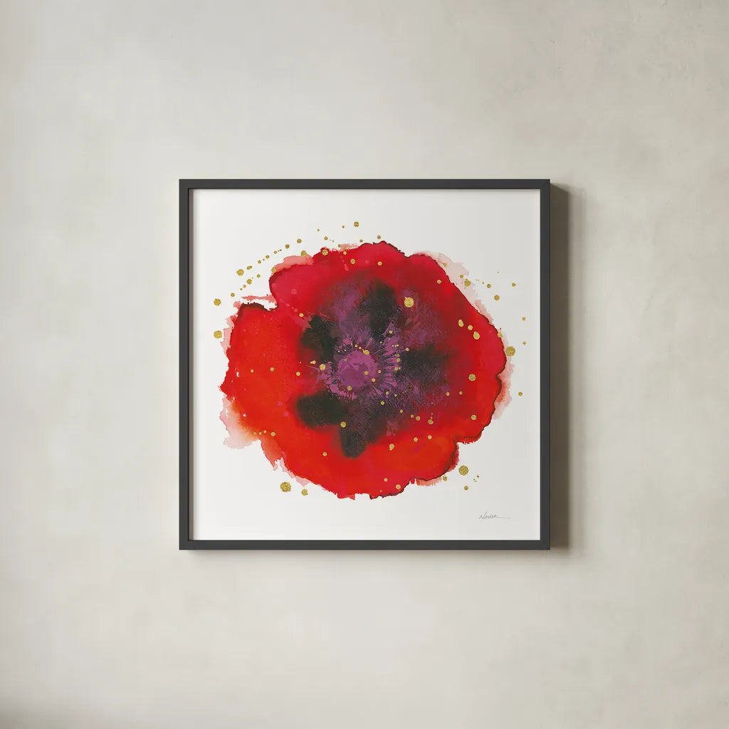 Splash IV with Gold by Shirley Novak. Shown in a sleek black glass frame for a contemporary gallery look. Available as an archival giclee rolled canvas, fine art paper, or poster print. SKU 29783a.