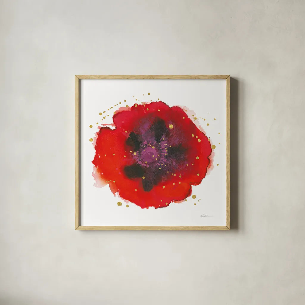 Splash IV with Gold by Shirley Novak. Shown in a natural wood glass frame for a timeless modern aesthetic. Available as an archival giclee rolled canvas, fine art paper, or poster print. SKU 29783a.