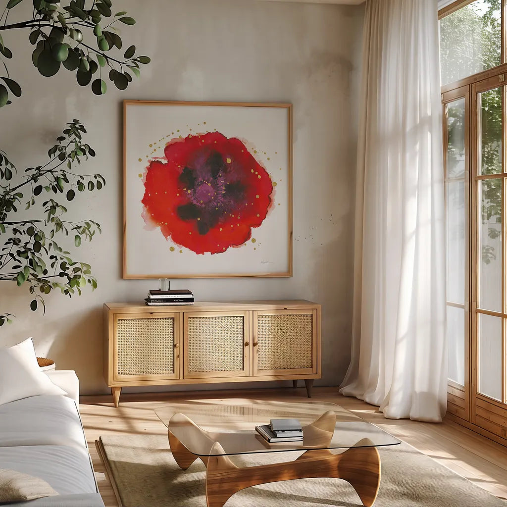 Splash IV with Gold by Shirley Novak. Shown in a natural wood frame in a cozy modern living room. Available as an archival giclee rolled canvas, fine art paper, or poster print. SKU 29783a.