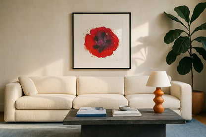 Splash IV with Gold by Shirley Novak. Displayed in a glass frame with matte in a clean modern living room. Available as an archival giclee rolled canvas, fine art paper, or poster print. SKU 29783a.