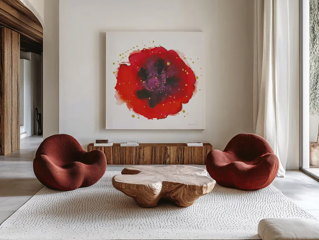 Splash IV with Gold by Shirley Novak. Shown as extra-large giant wall art in a modern living room. Available as an archival giclee rolled canvas, fine art paper, or poster print. SKU 29783a.